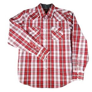 Rodeo Clothing Co Shirt Mens Medium Red Plaid Long Sleeve Snap Front Western